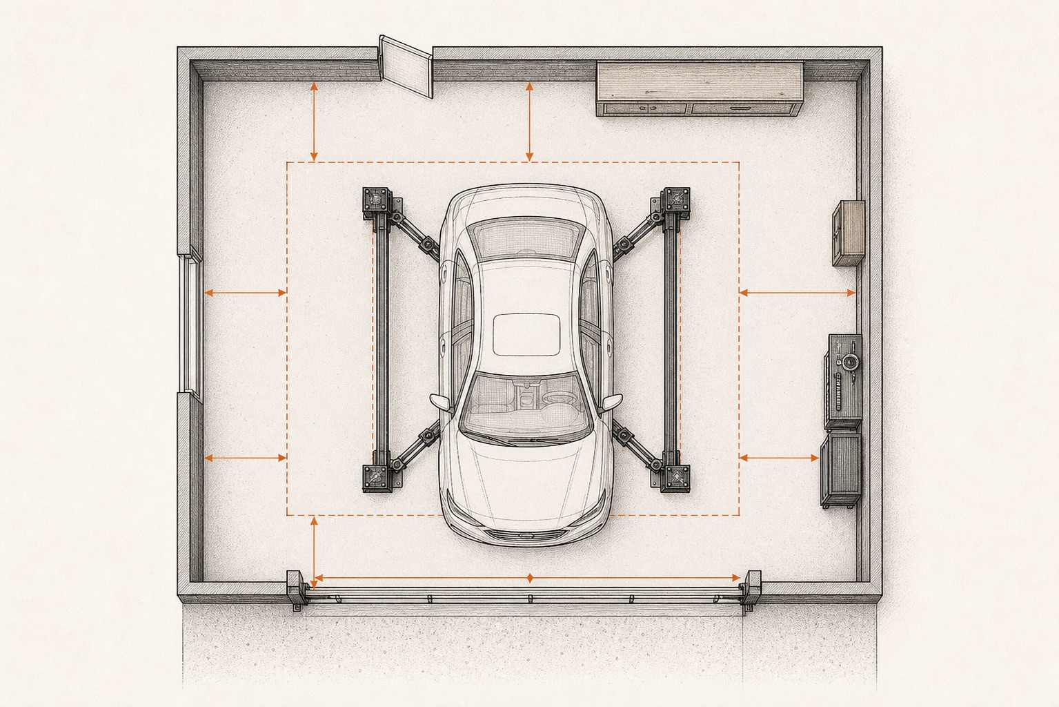 Garage bay footprint diagram showing 22' clear width, 21' clear depth, lift footprint, and walkway clearances