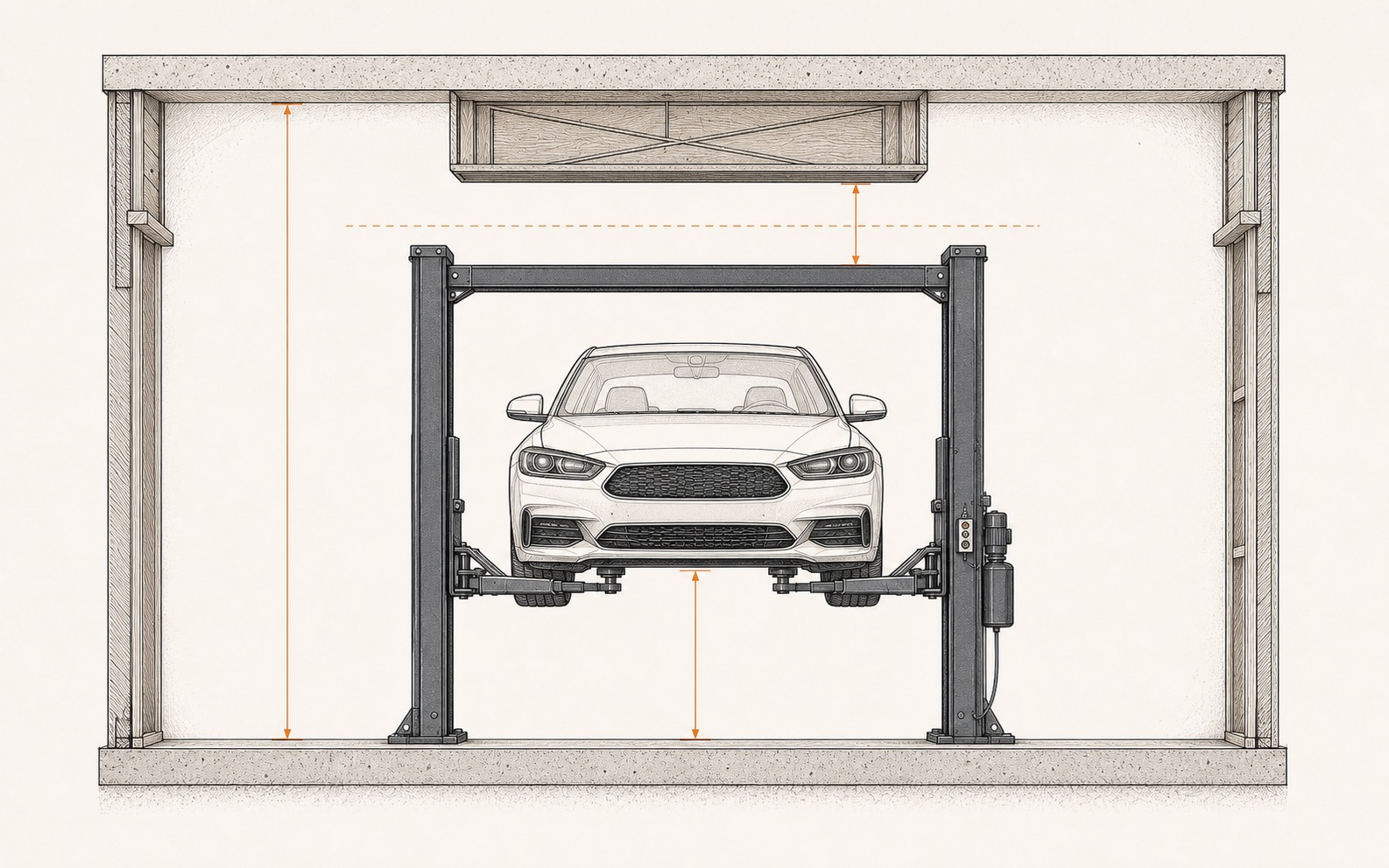 Ceiling clearance diagram showing 12'2″ ceiling height, 5'10″ lift rise, and OK clearance status
