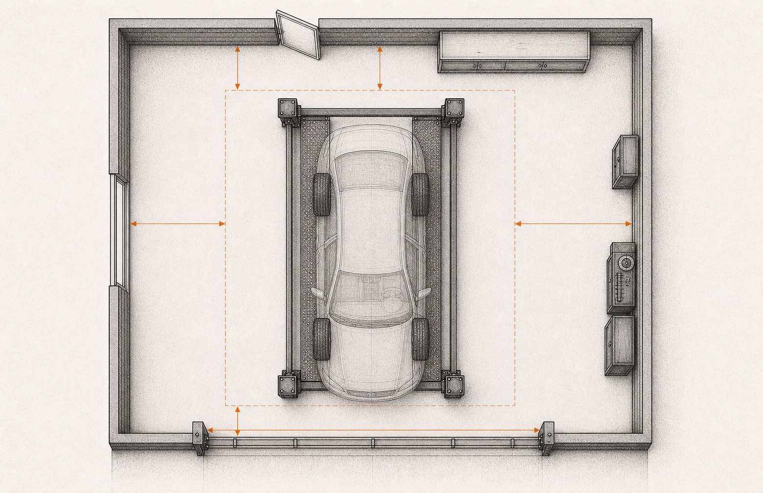 4-post drive-on lift footprint diagram showing 22' clear width, 22' clear depth, four posts, runways, and approach clearance