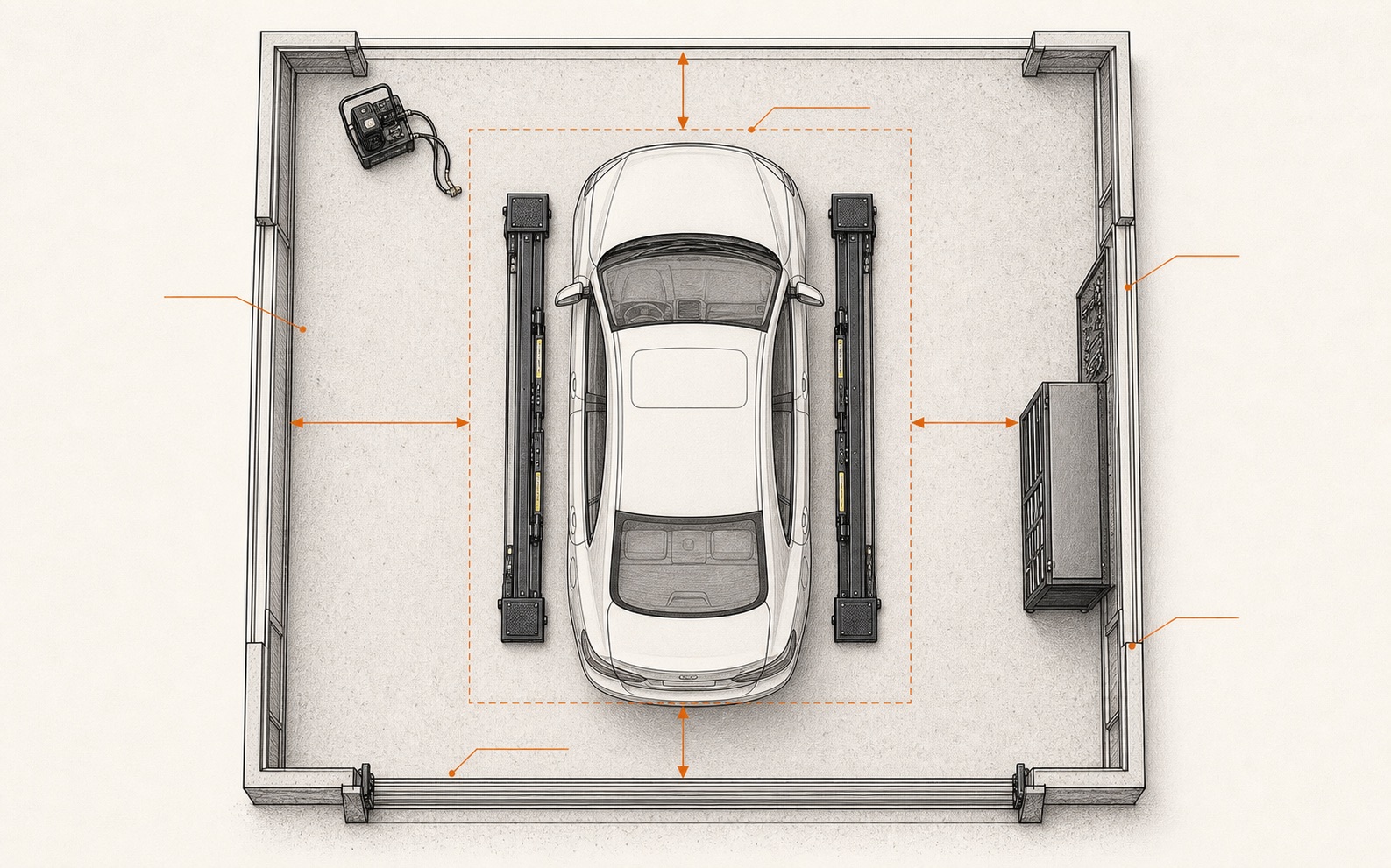 Portable mid-rise lift footprint diagram showing 20' clear width, 18' clear depth, separate frames, and detached power unit