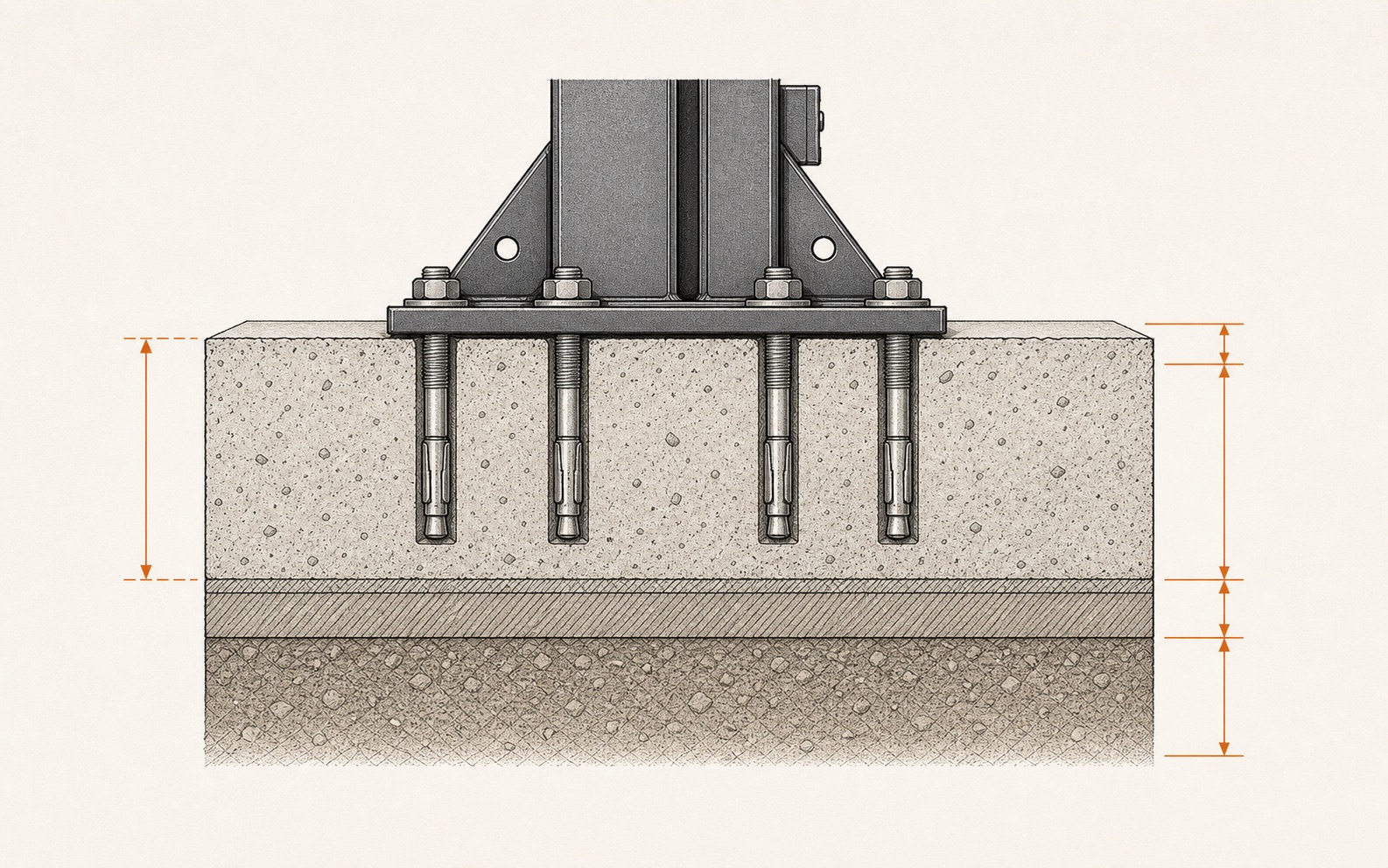 Concrete slab cross-section diagram showing 4¼″ slab depth, ⅝″ × 5⅛″ anchor schedule, and PASS status
